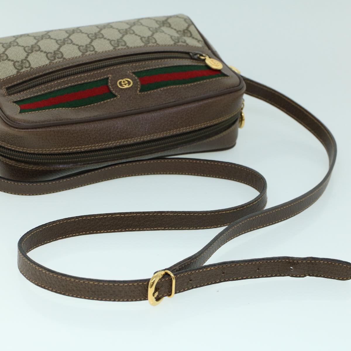 GUCCI GG Canvas Web Sherry Line Shoulder Bag PVC Leather Beige Green 54004