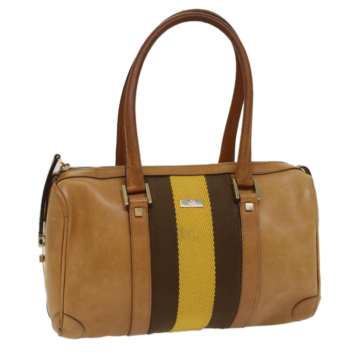 GUCCI Sherry Line Hand Bag Canvas Leather Brown Yellow 000 0851 54007