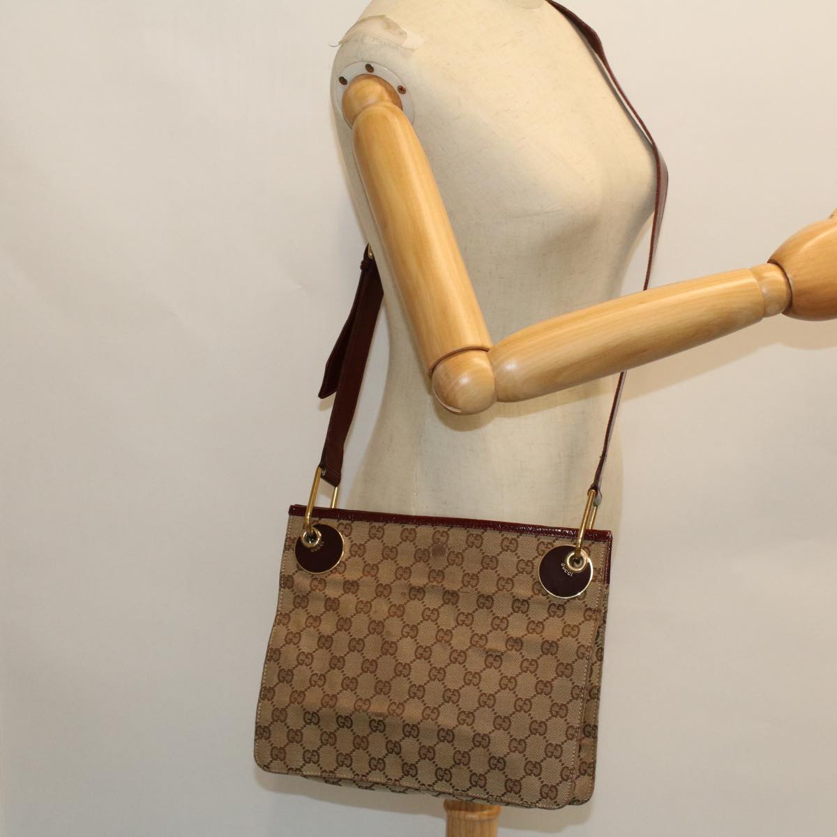 GUCCI GG Canvas Shoulder Bag Canvas Patent Beige Red 54009