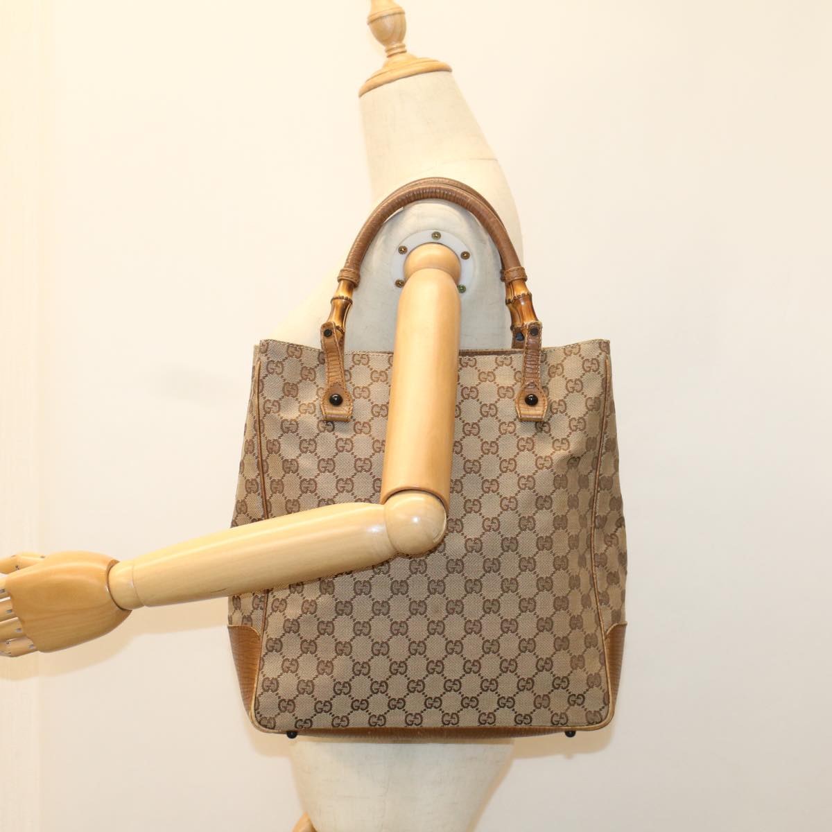 GUCCI GG Canvas Bamboo Hand Bag Beige 112530 54011