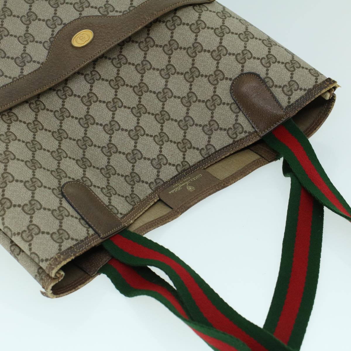 GUCCI GG Canvas Web Sherry Line Tote Bag PVC Leather Beige Red Green 54013