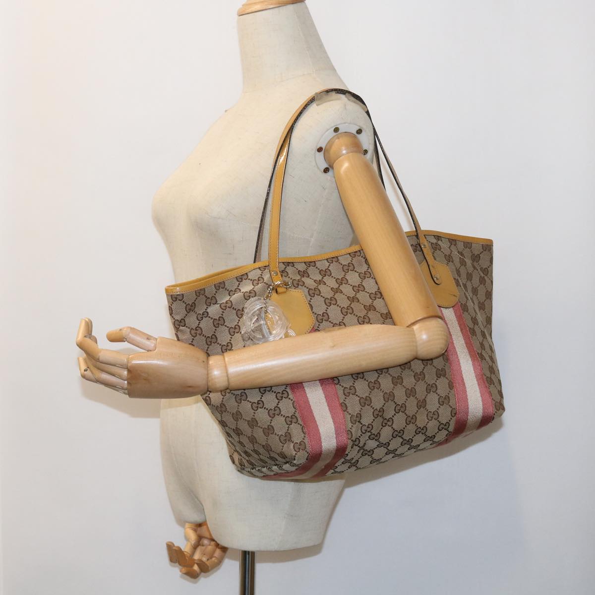 GUCCI GG Canvas Sherry Line Tote Bag Beige Pink white 211970 54129