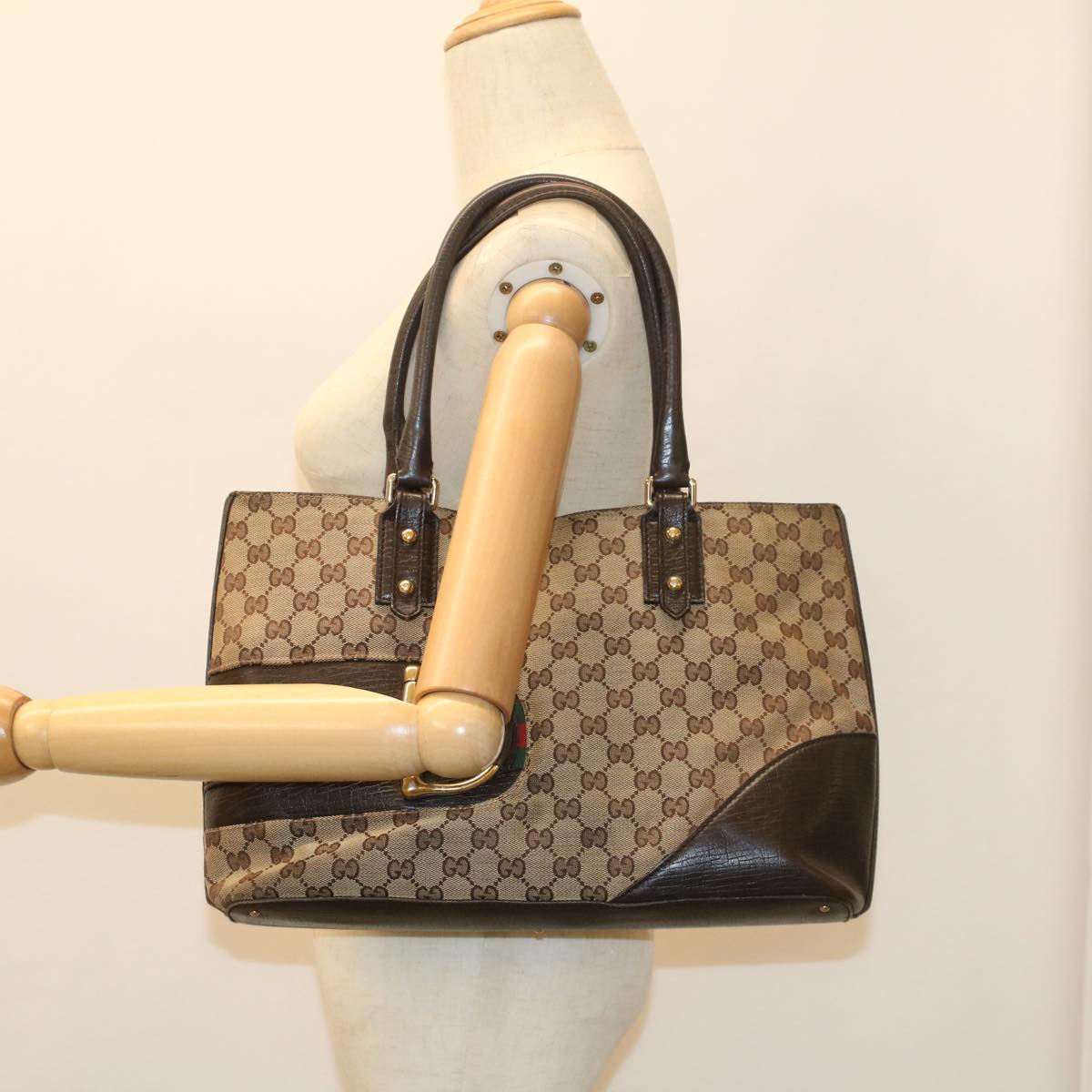 GUCCI GG Canvas Web Sherry Line Tote Bag Beige Red Green 137385 54334