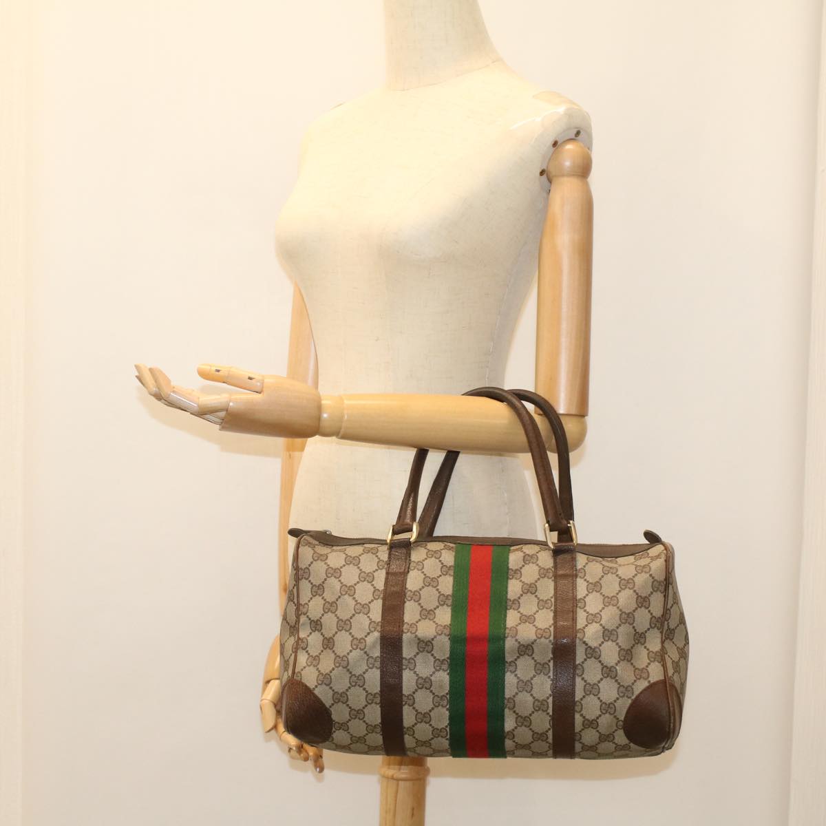 GUCCI GG Supreme Web Sherry Line Hand Bag PVC Leather Beige Red Green 54339