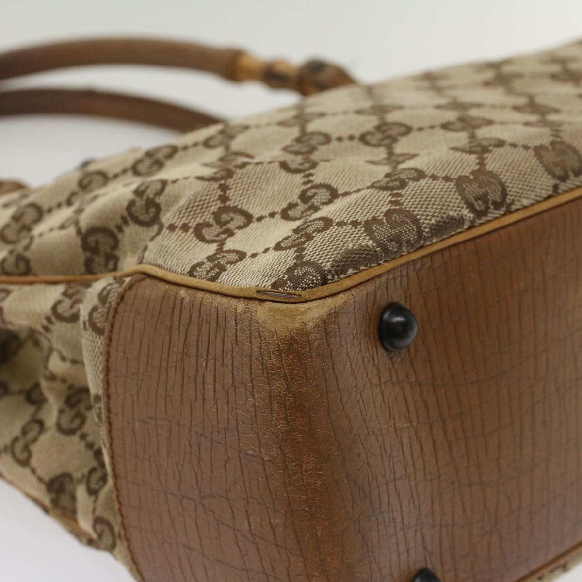 GUCCI GG Canvas Bamboo Hand Bag Leather Beige Brown 54340