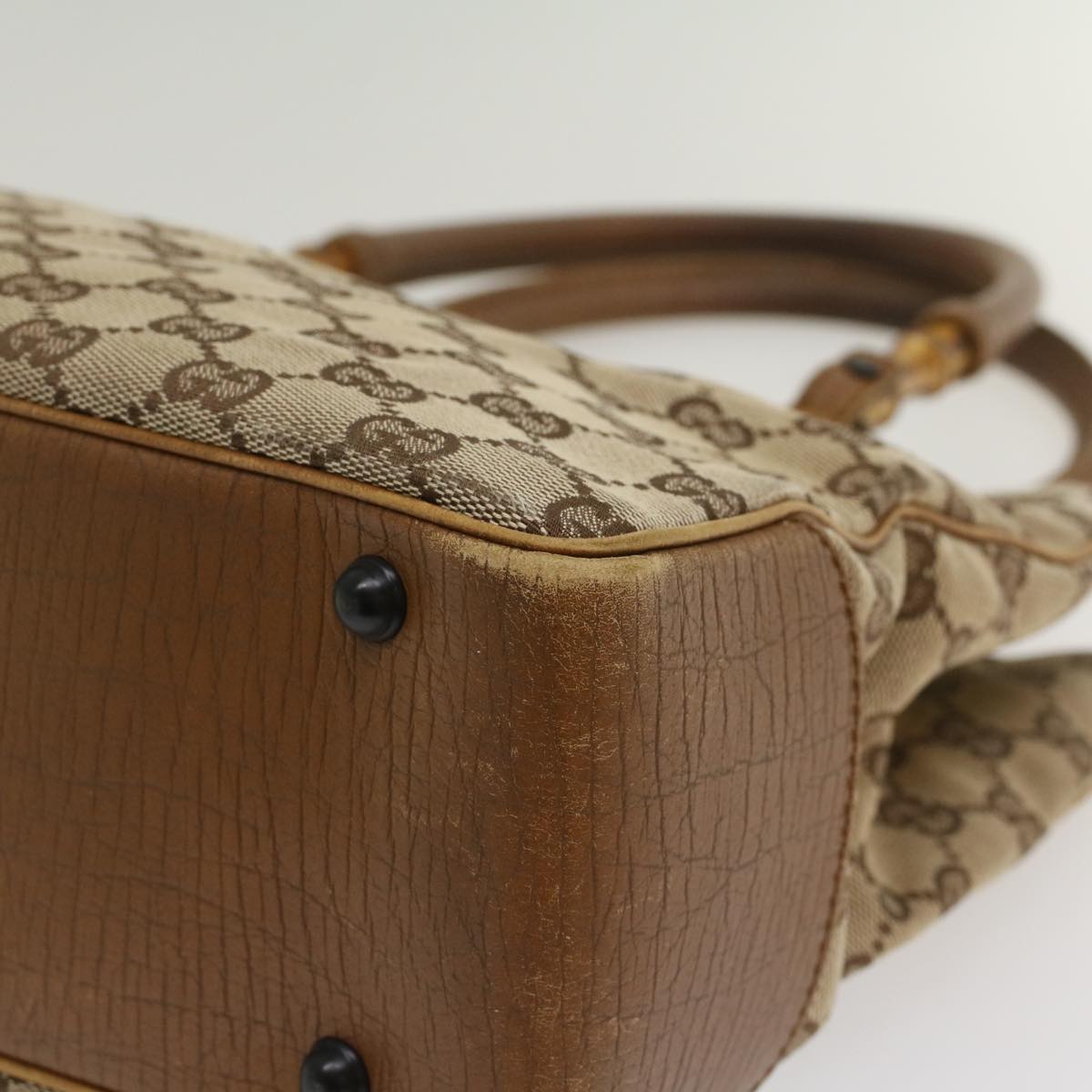 GUCCI GG Canvas Bamboo Hand Bag Leather Beige Brown 54340