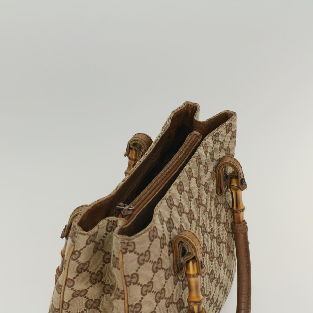 GUCCI GG Canvas Bamboo Hand Bag Leather Beige Brown 54340