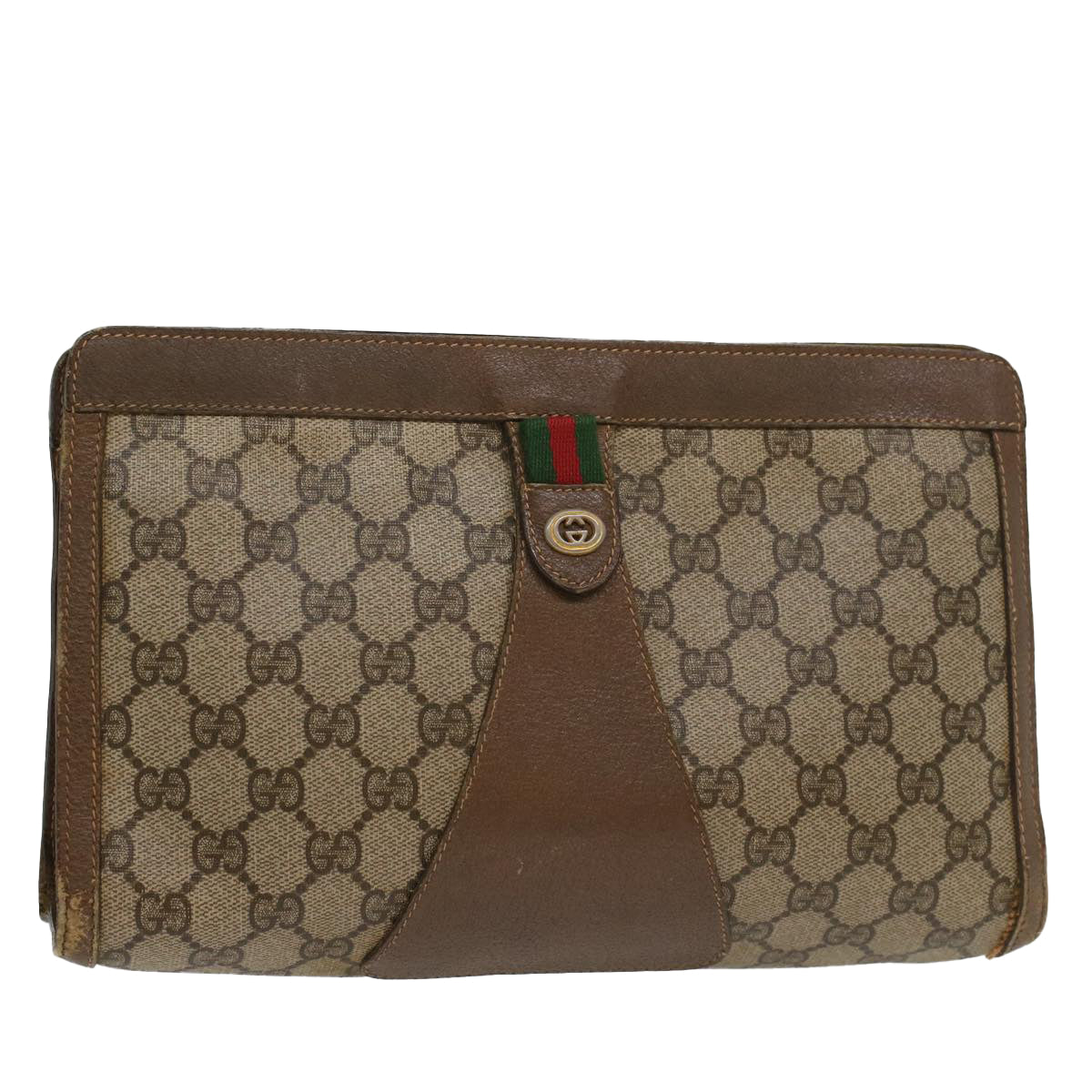 GUCCI GG Canvas Web Sherry Line Clutch Bag PVC Leather Beige Red 54354