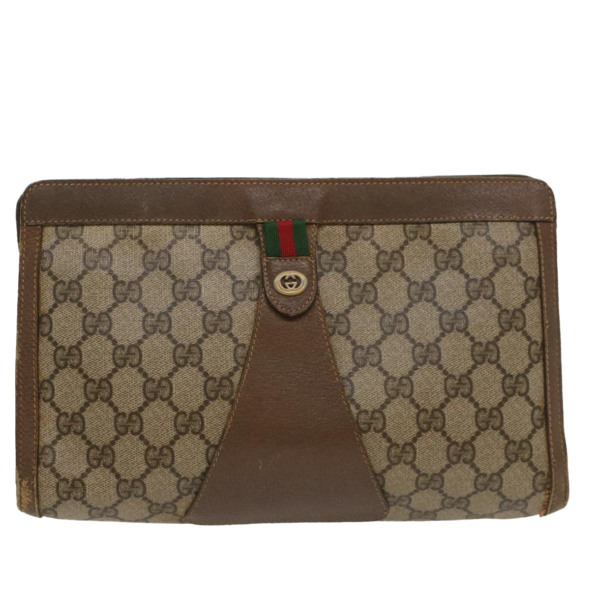 GUCCI GG Canvas Web Sherry Line Clutch Bag PVC Leather Beige Red 54354