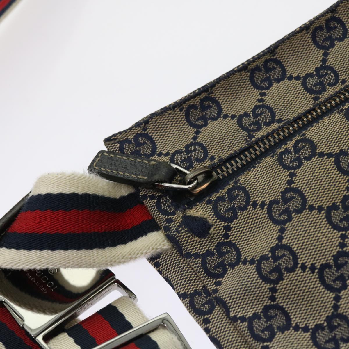 GUCCI GG Canvas Shoulder Bag Leather Gray Navy Red 54355