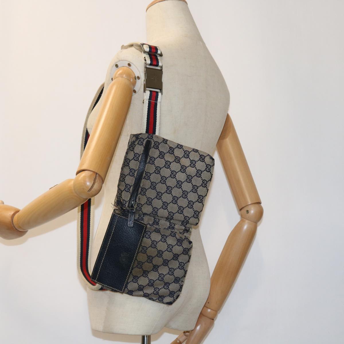 GUCCI GG Canvas Shoulder Bag Leather Gray Navy Red 54355
