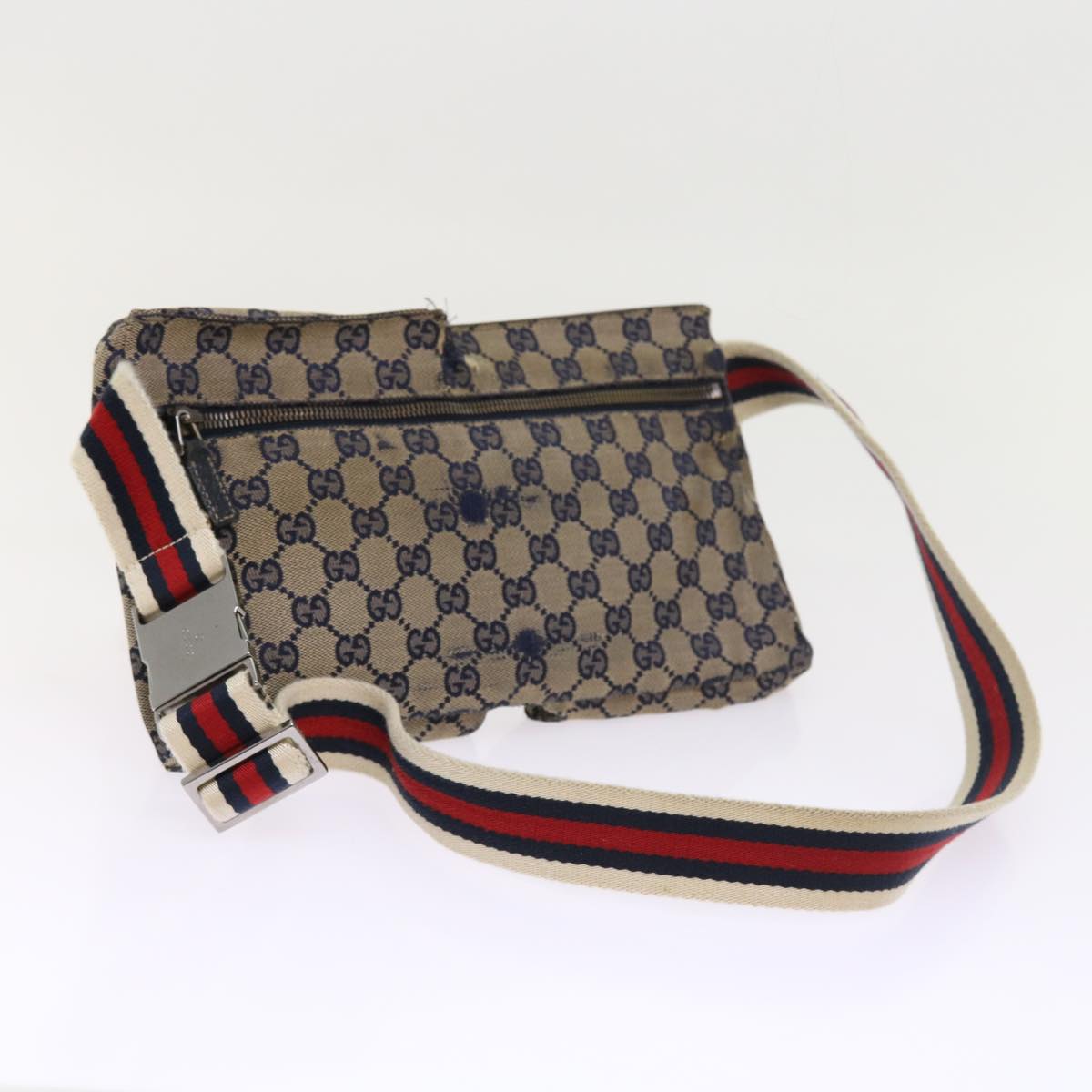 GUCCI GG Canvas Shoulder Bag Leather Gray Navy Red 54355