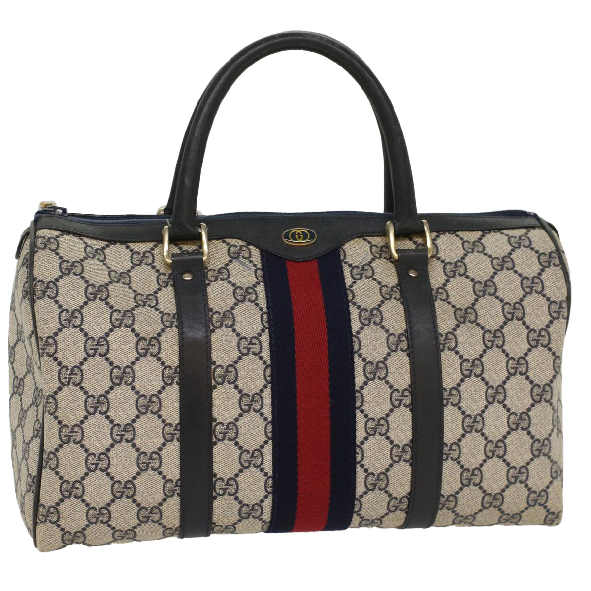 GUCCI GG Canvas Sherry Line Boston Bag Gray Red Navy 54384