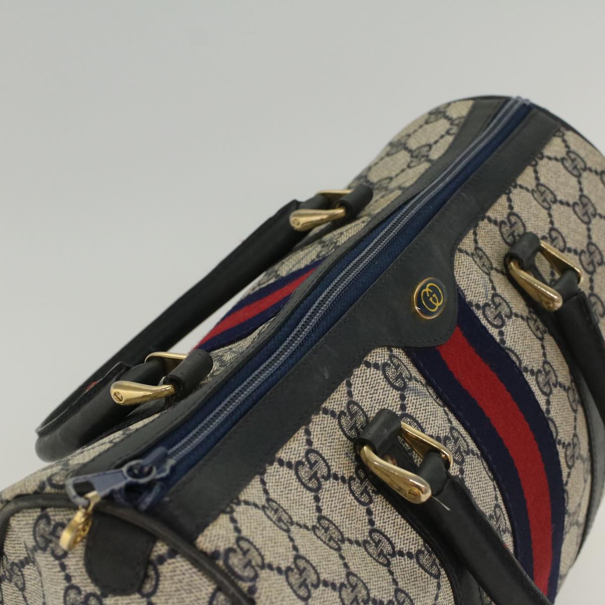 GUCCI GG Canvas Sherry Line Boston Bag Gray Red Navy 54384