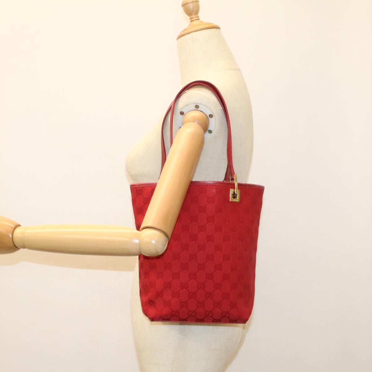 GUCCI GG Canvas Tote Bag Leather Red 54426