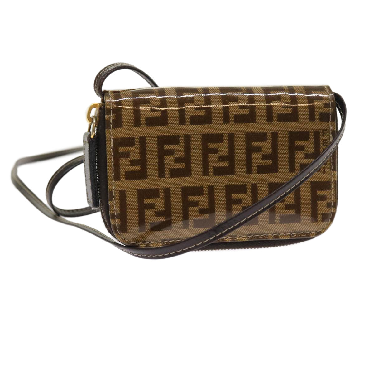 FENDI Zucchino Canvas Shoulder Wallet Enamel Brown 54463