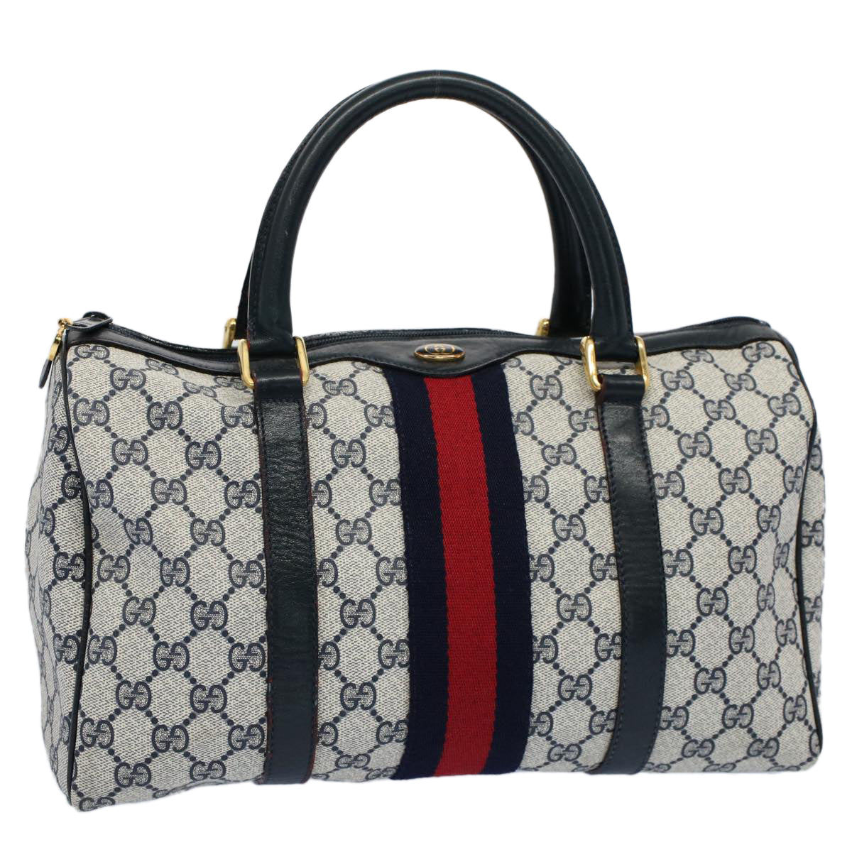 GUCCI GG Canvas Sherry Line Boston Bag Gray Red Navy 010 378 54741