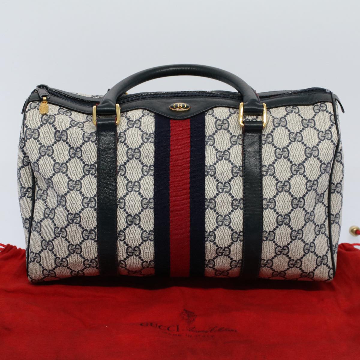 GUCCI GG Canvas Sherry Line Boston Bag Gray Red Navy 010 378 54741