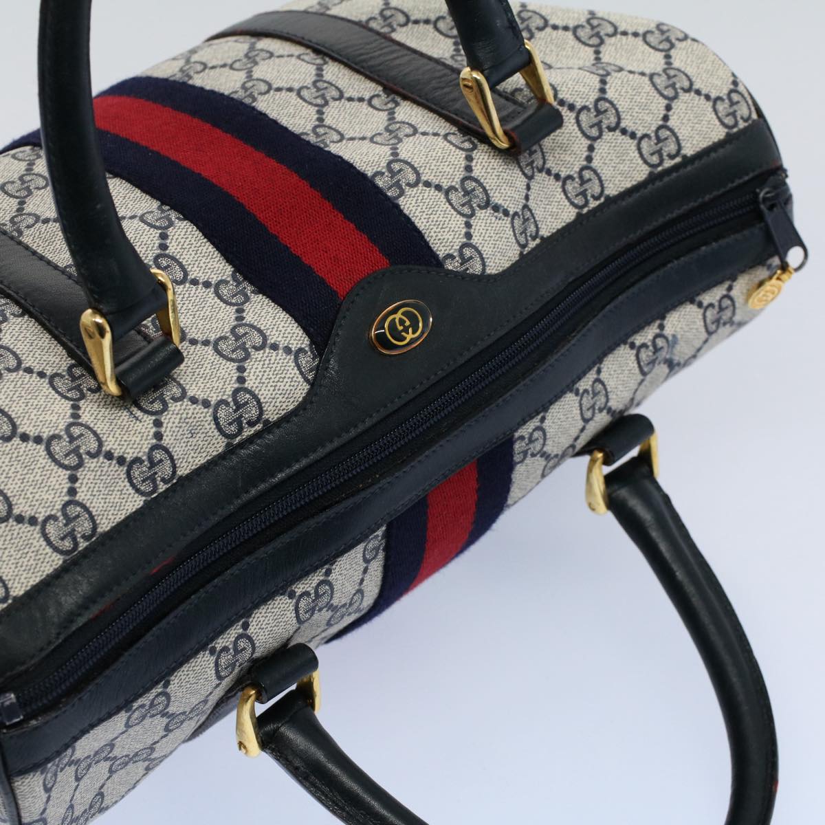 GUCCI GG Canvas Sherry Line Boston Bag Gray Red Navy 010 378 54741
