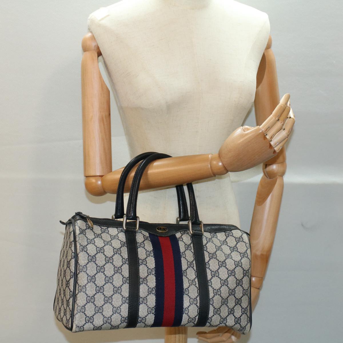 GUCCI GG Canvas Sherry Line Boston Bag Gray Red Navy 012 3842 58 54742