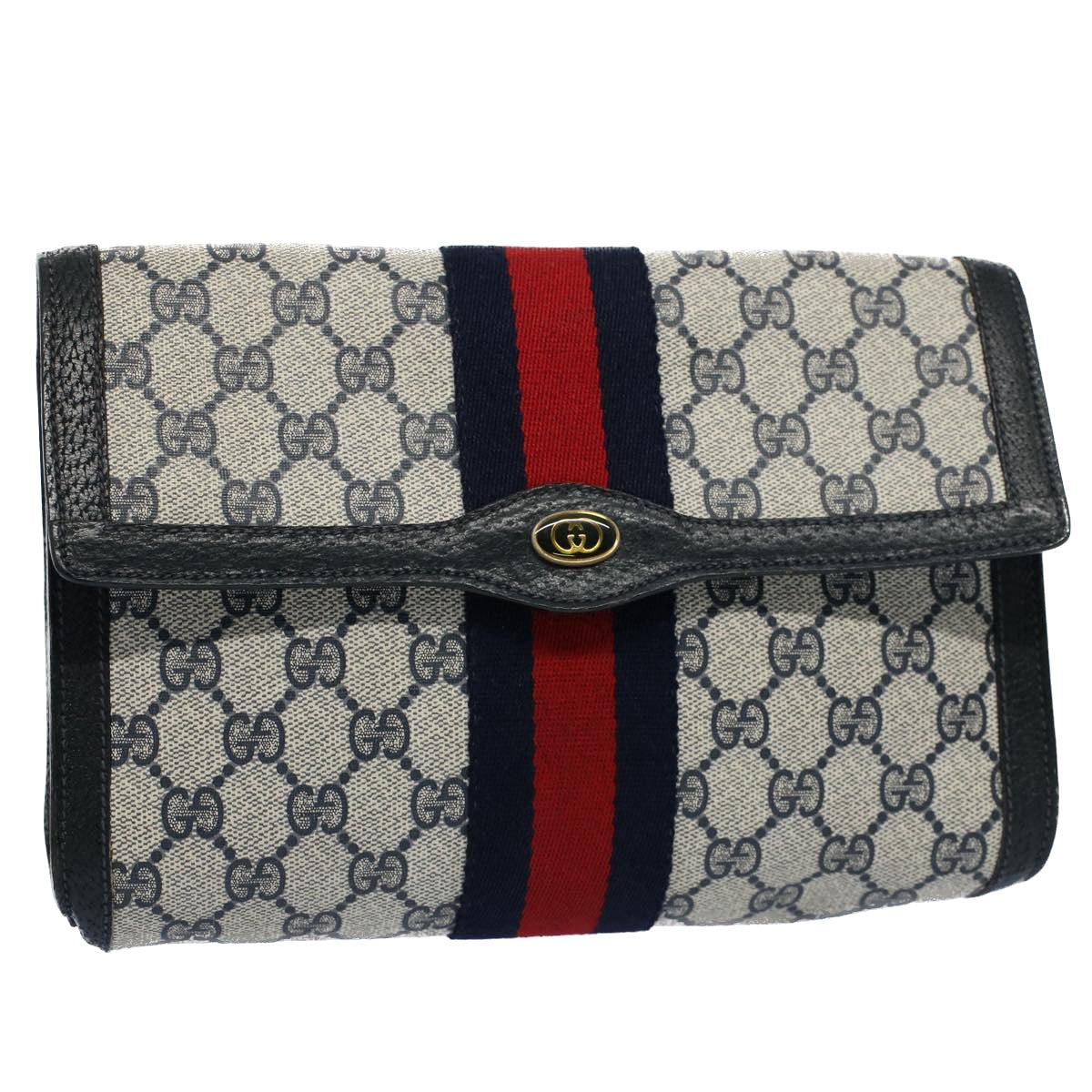GUCCI GG Canvas Sherry Line Clutch Bag Gray Red Navy 89 01 006 54747