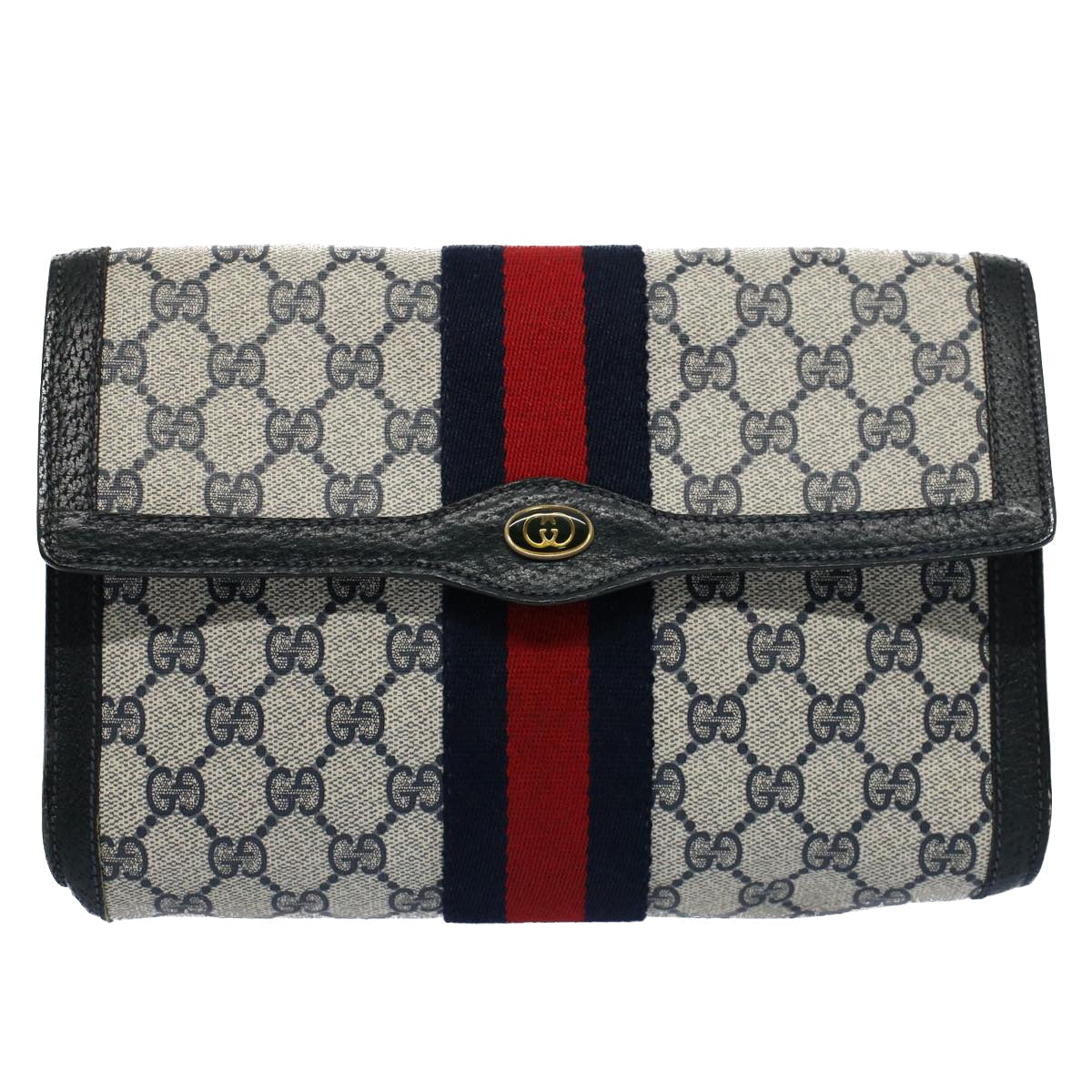 GUCCI GG Canvas Sherry Line Clutch Bag Gray Red Navy 89 01 006 54747