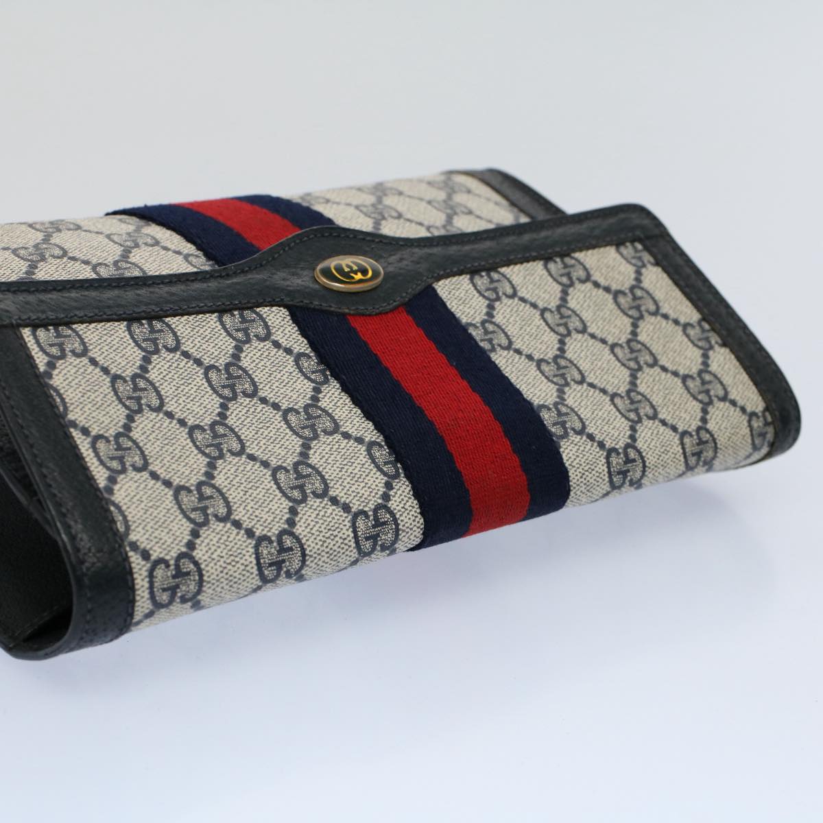 GUCCI GG Canvas Sherry Line Clutch Bag Gray Red Navy 89 01 006 54747