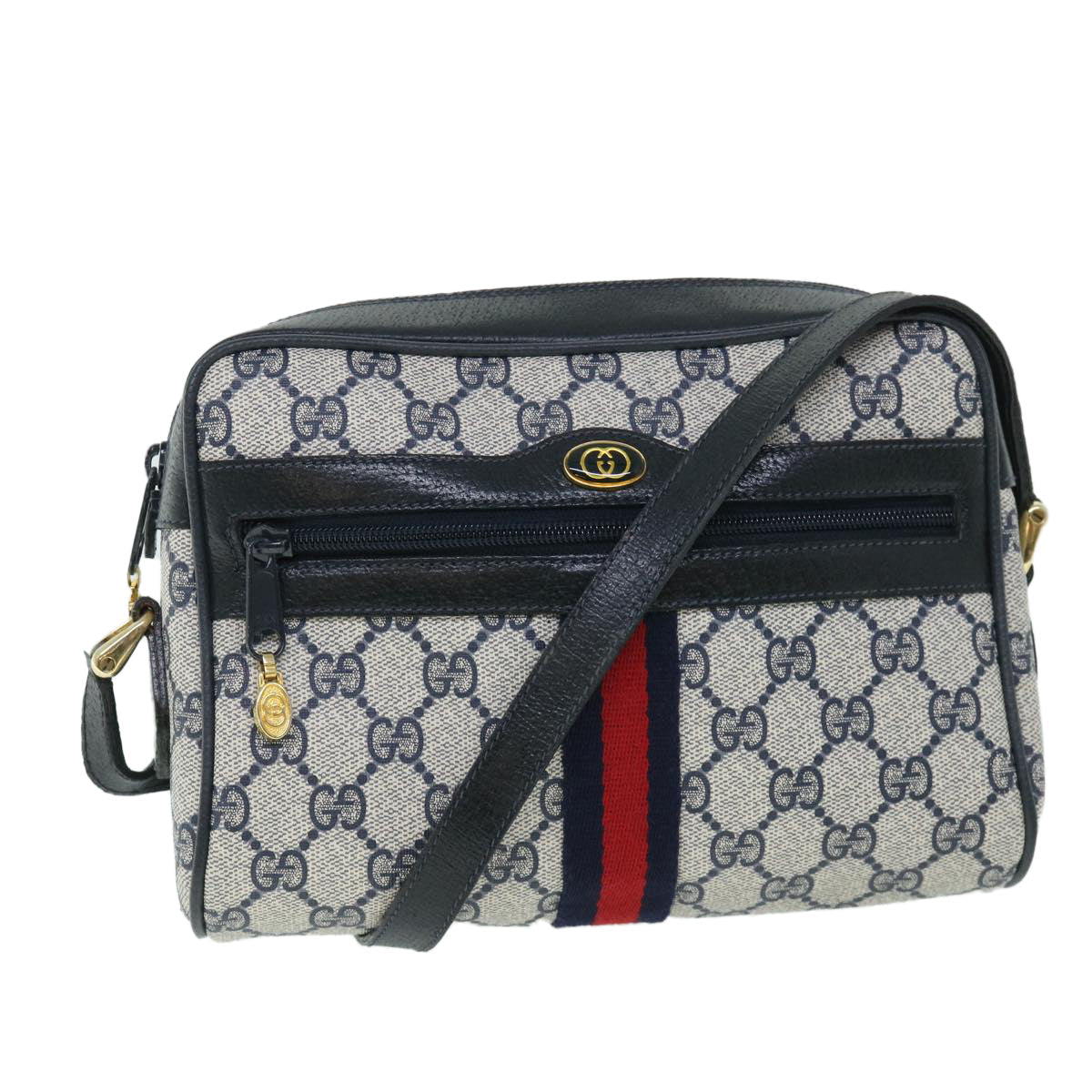GUCCI GG Canvas Sherry Line Shoulder Bag PVC Leather Gray Red Navy 54775