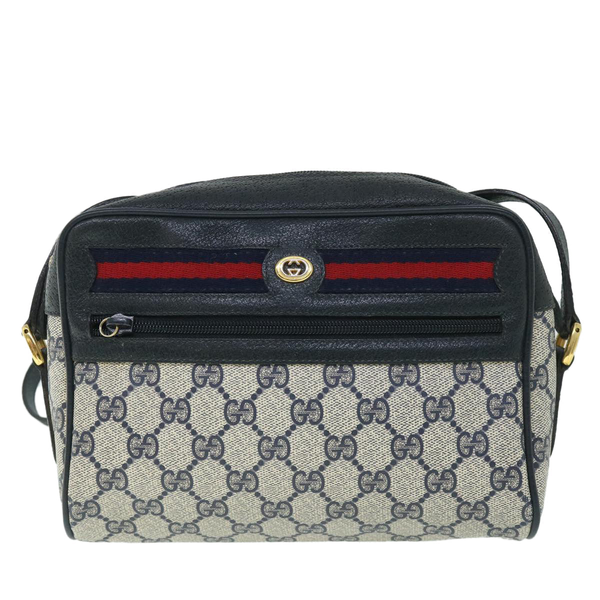 GUCCI GG Canvas Sherry Line Shoulder Bag Gray Red Navy 119.02.087 54792