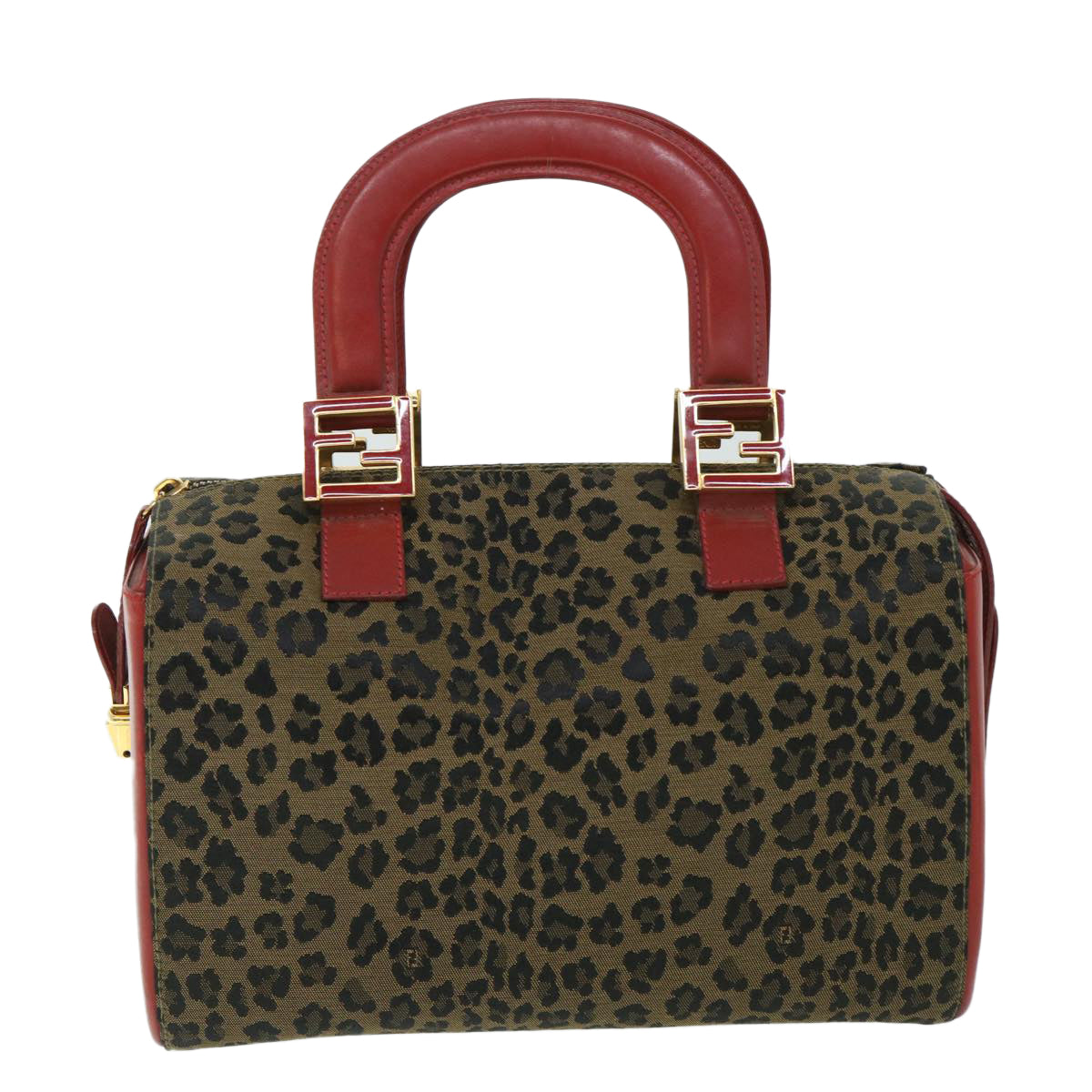 FENDI Leopard Boston Bag Canvas Brown 54817