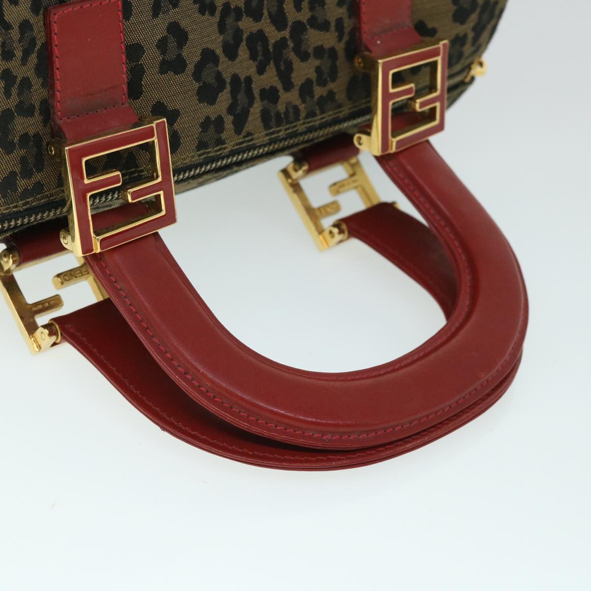 FENDI Leopard Boston Bag Canvas Brown 54817