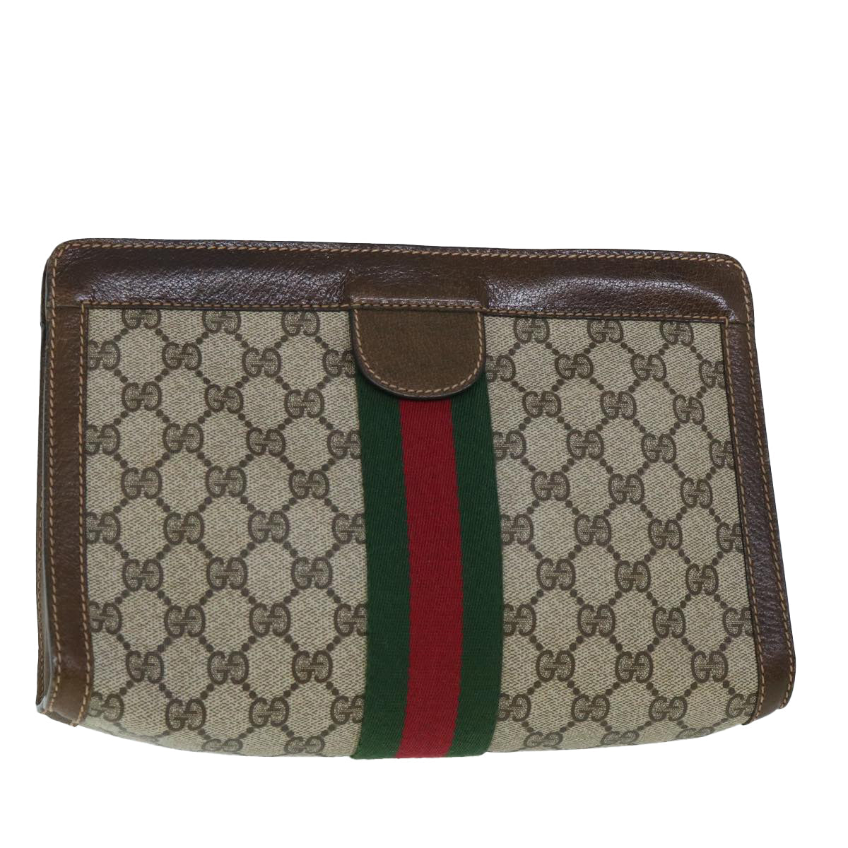 GUCCI GG Canvas Web Sherry Line Clutch Bag PVC Leather Beige Green 54835