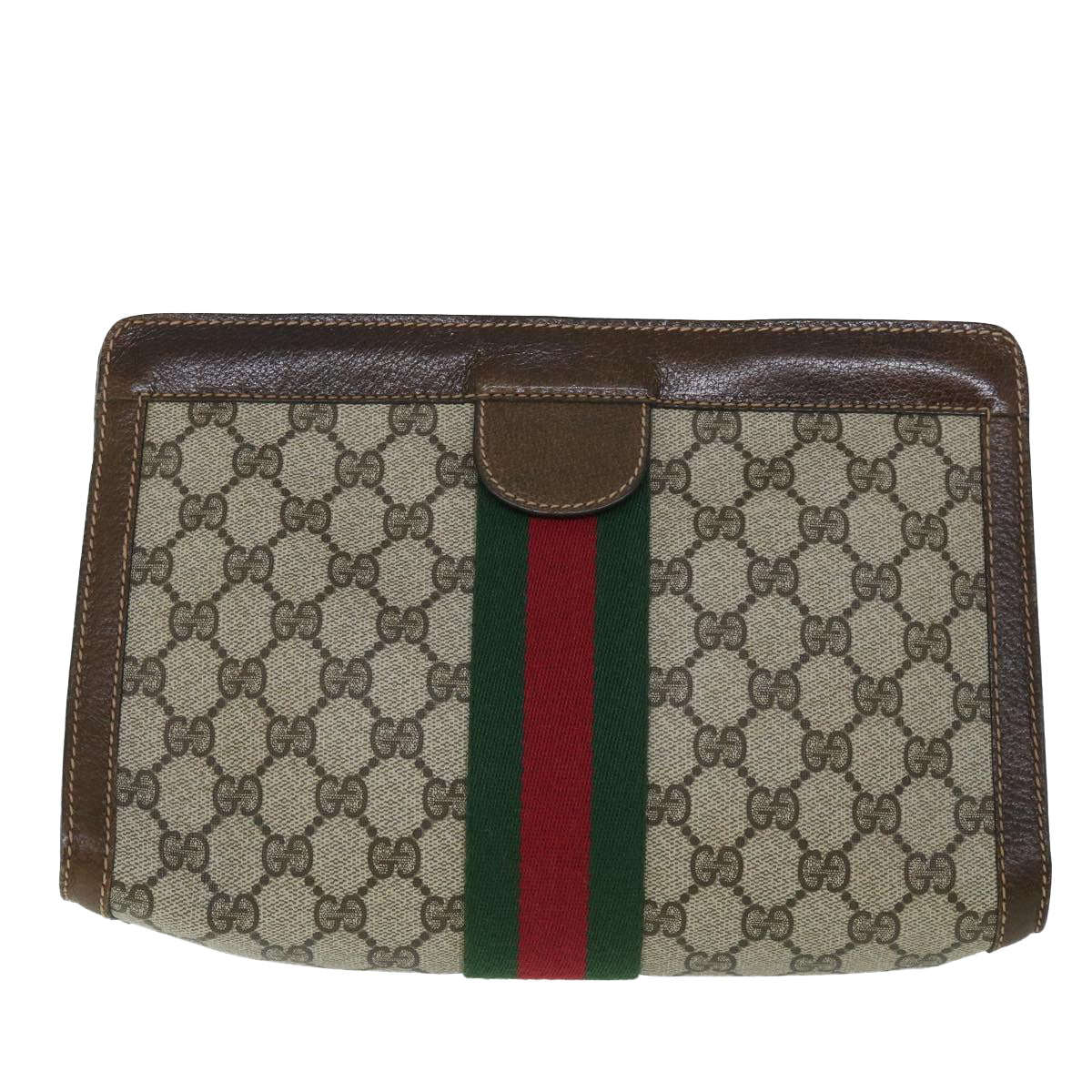 GUCCI GG Canvas Web Sherry Line Clutch Bag PVC Leather Beige Green 54835