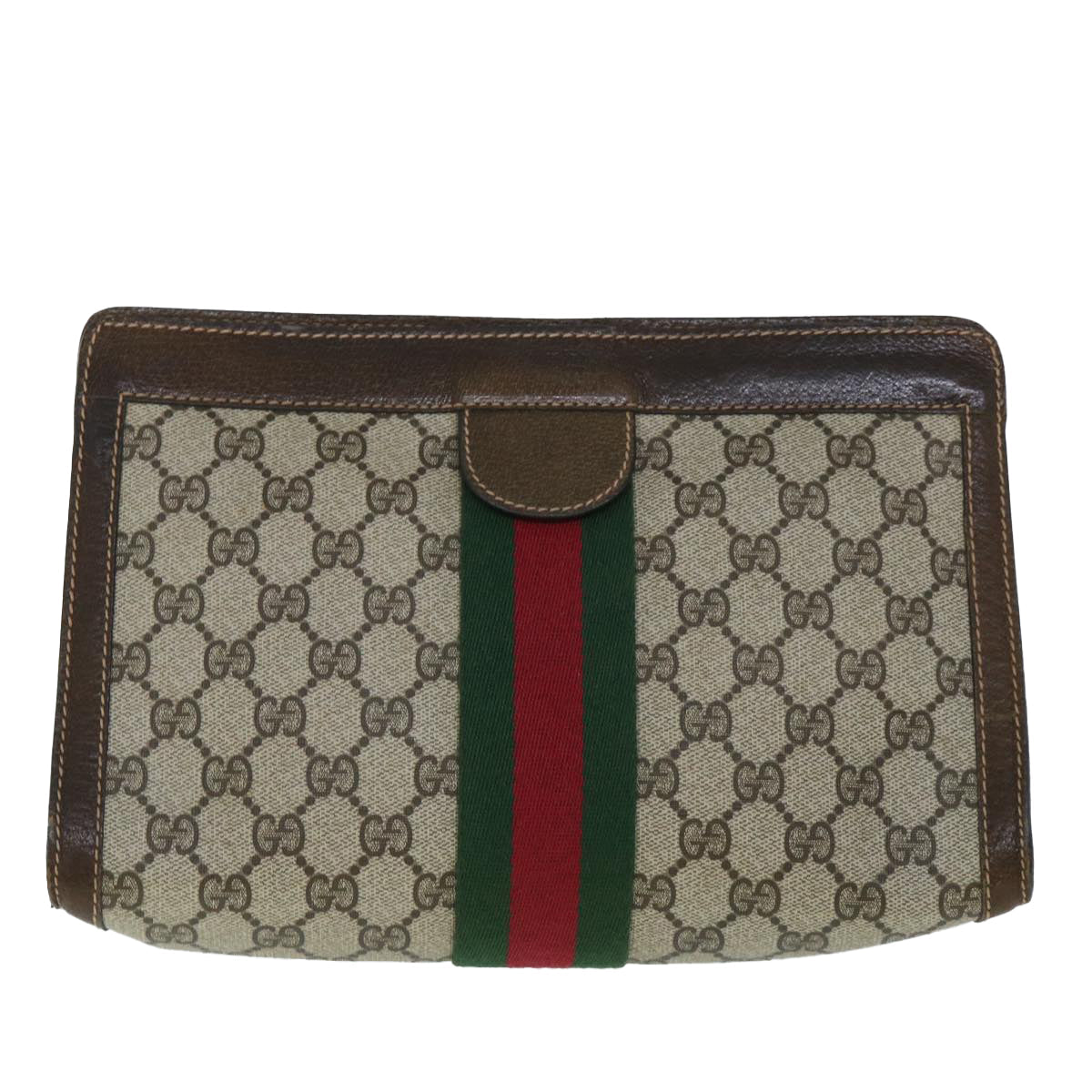 GUCCI GG Canvas Web Sherry Line Clutch Bag PVC Leather Beige Green 54835