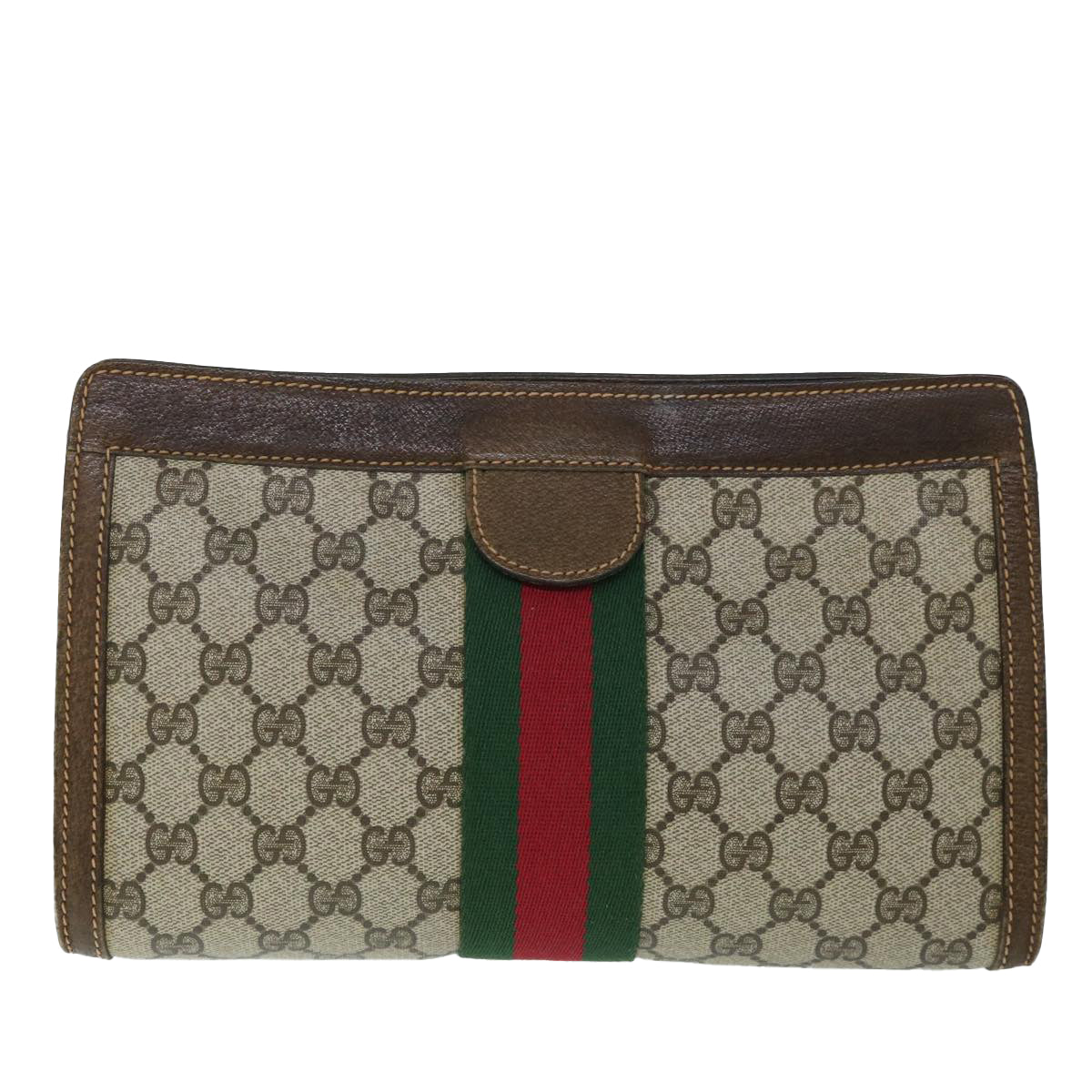 GUCCI GG Canvas Web Sherry Line Clutch Bag PVC Leather Beige Green 54839