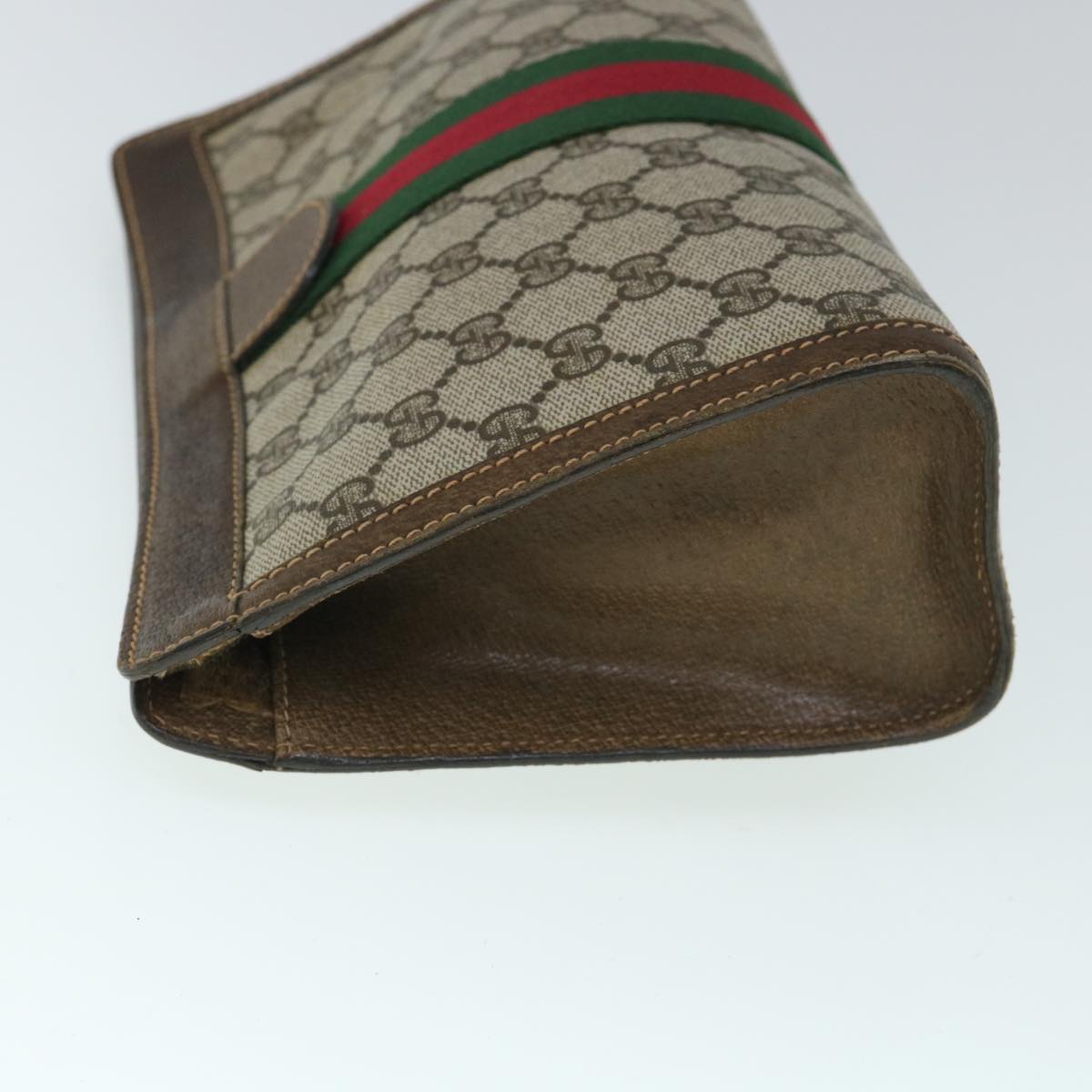 GUCCI GG Canvas Web Sherry Line Clutch Bag PVC Leather Beige Green 54839