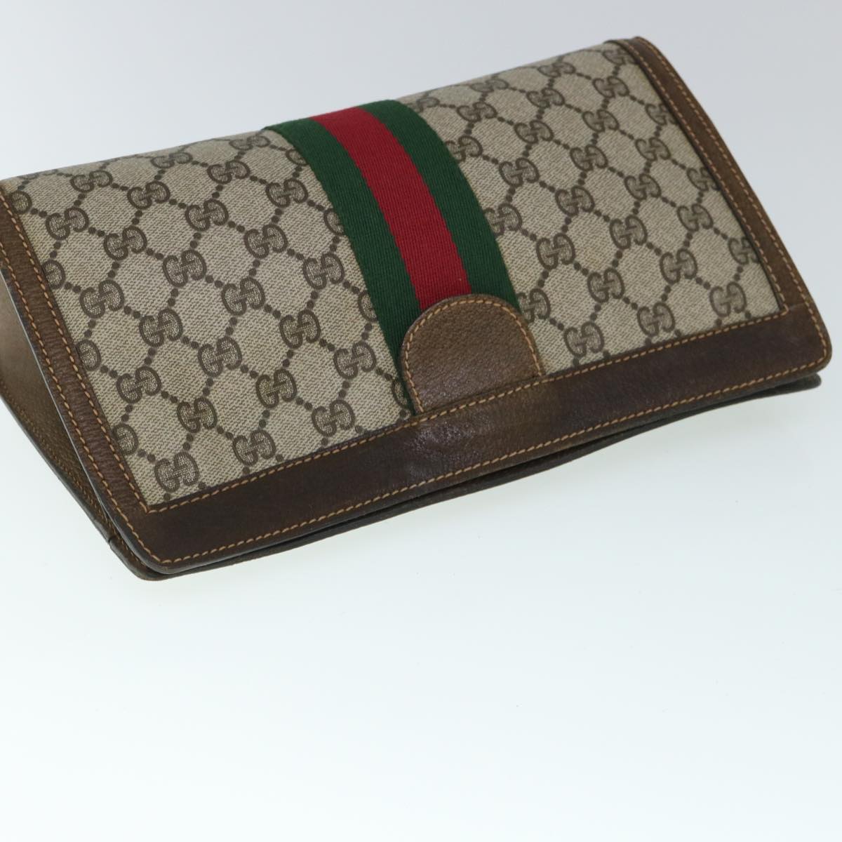 GUCCI GG Canvas Web Sherry Line Clutch Bag PVC Leather Beige Green 54839