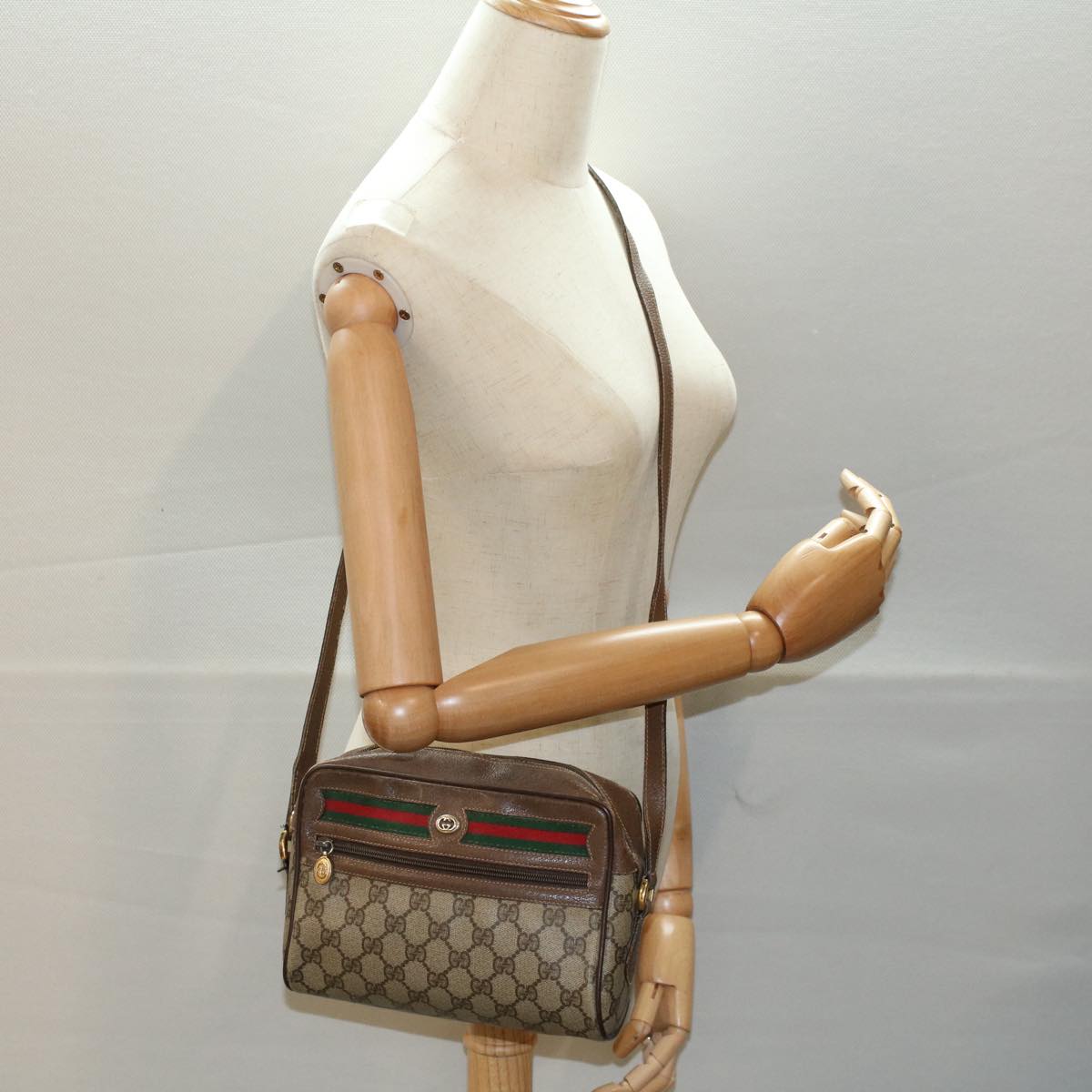 GUCCI GG Canvas Web Sherry Line Shoulder Bag PVC Leather Beige Green 54875