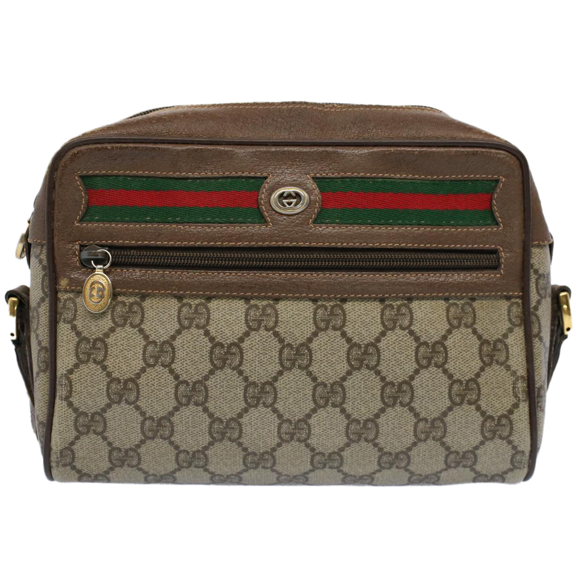 GUCCI GG Canvas Web Sherry Line Shoulder Bag PVC Leather Beige Green 54875