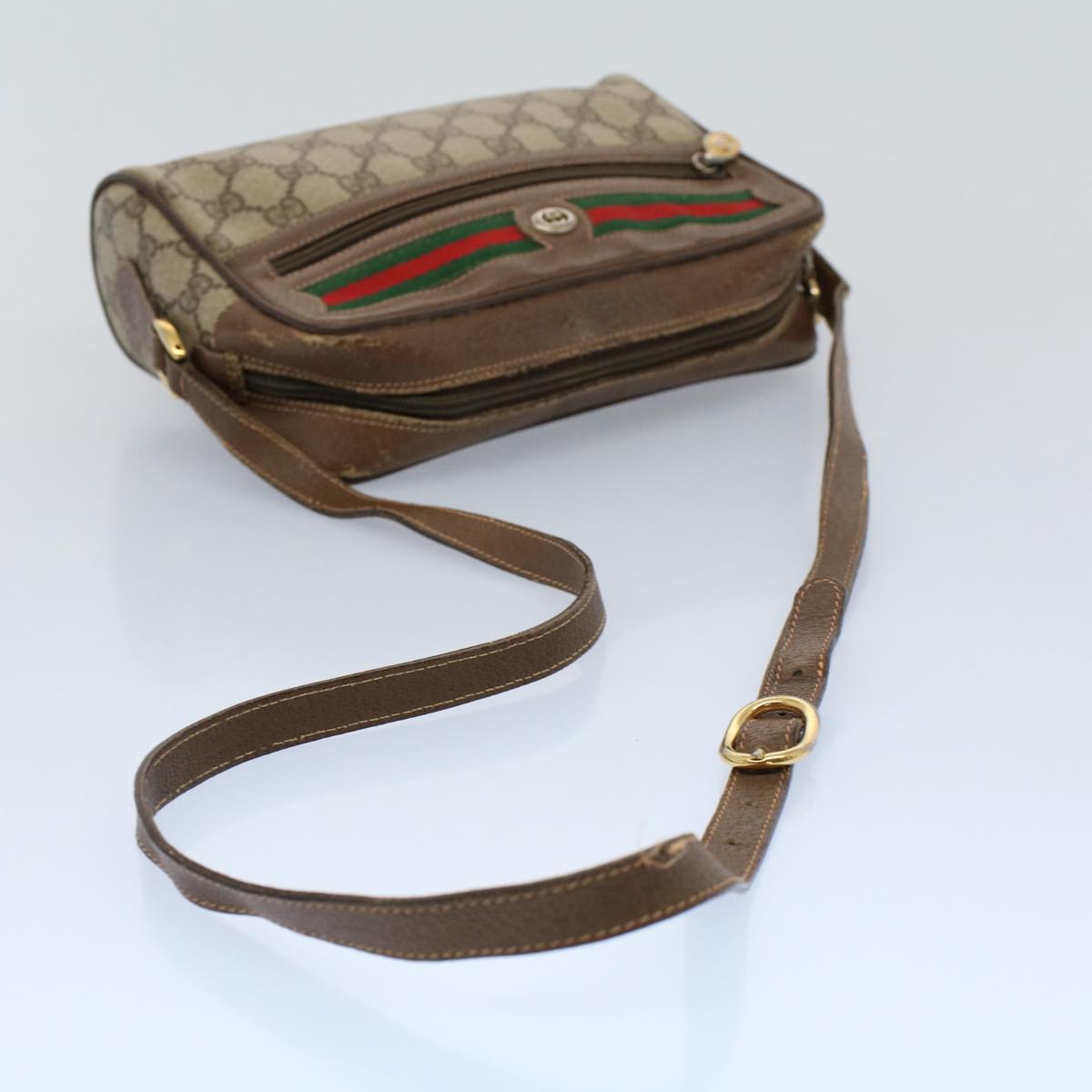 GUCCI GG Canvas Web Sherry Line Shoulder Bag PVC Leather Beige Green 54875