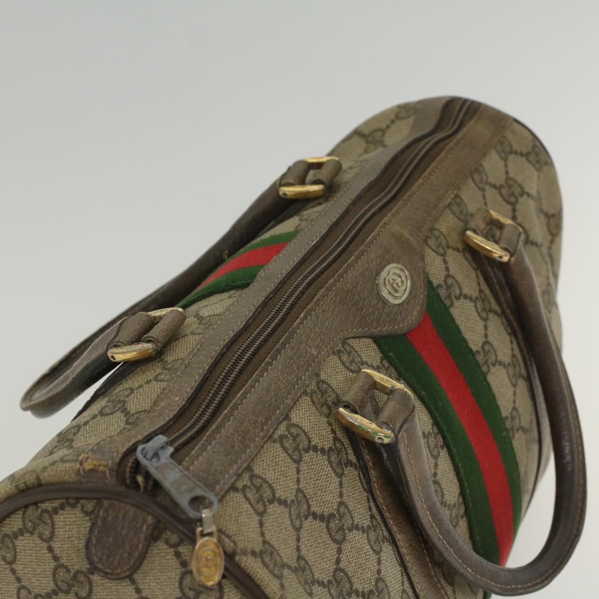 GUCCI GG Canvas Web Sherry Line Boston Bag Beige Red Green 24 02 007 54955