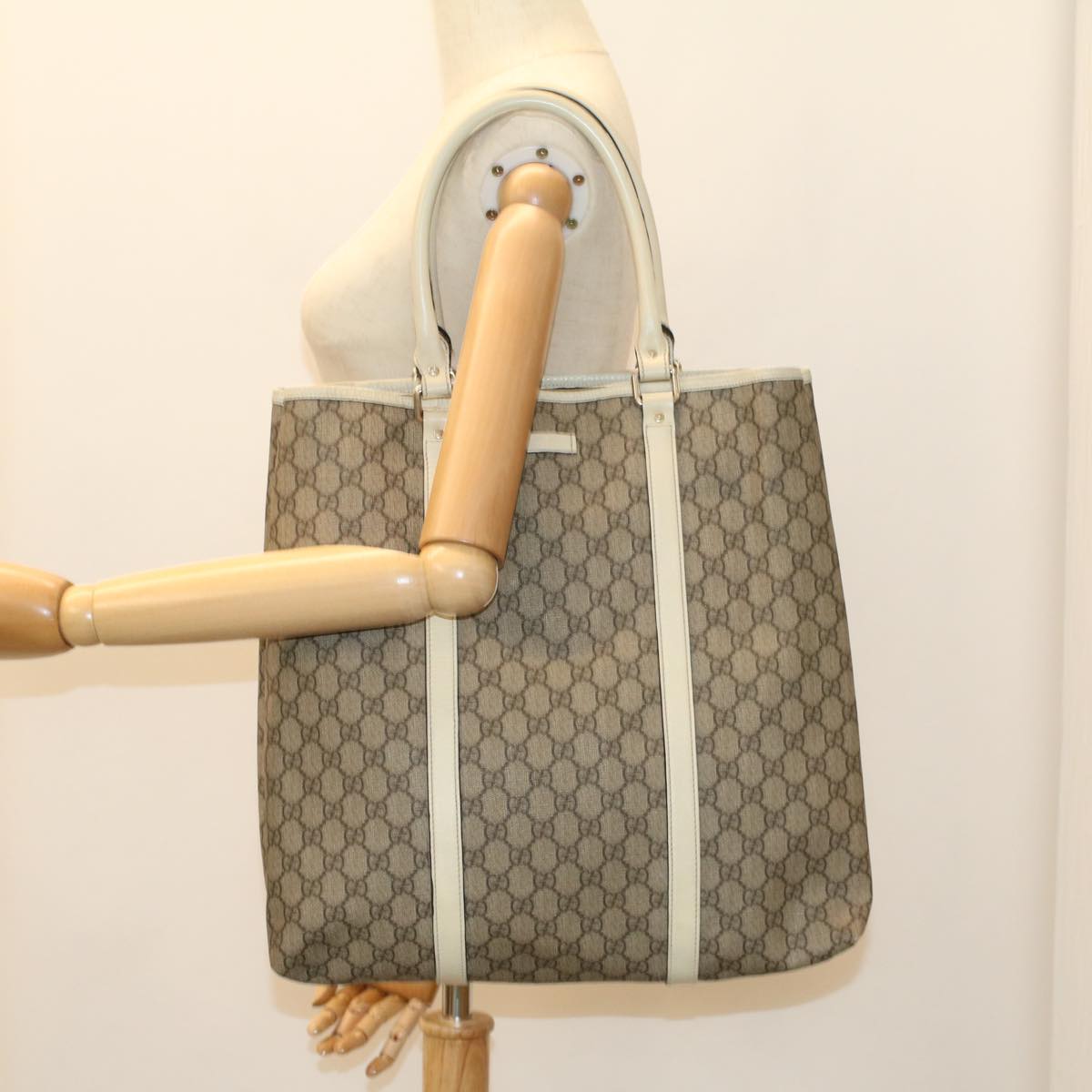 GUCCI GG Canvas Tote Bag PVC Leather Beige 223668 54967