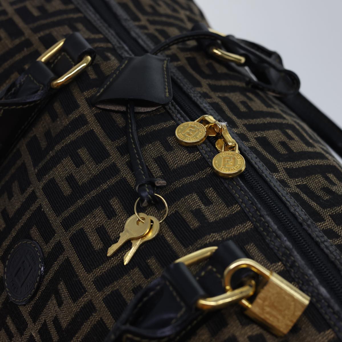 FENDI Zucca Canvas Boston Bag Leather Black Brown 54976