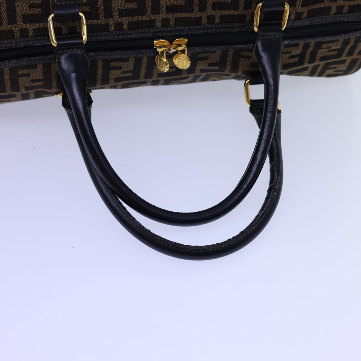 FENDI Zucca Canvas Boston Bag Leather Black Brown 54976