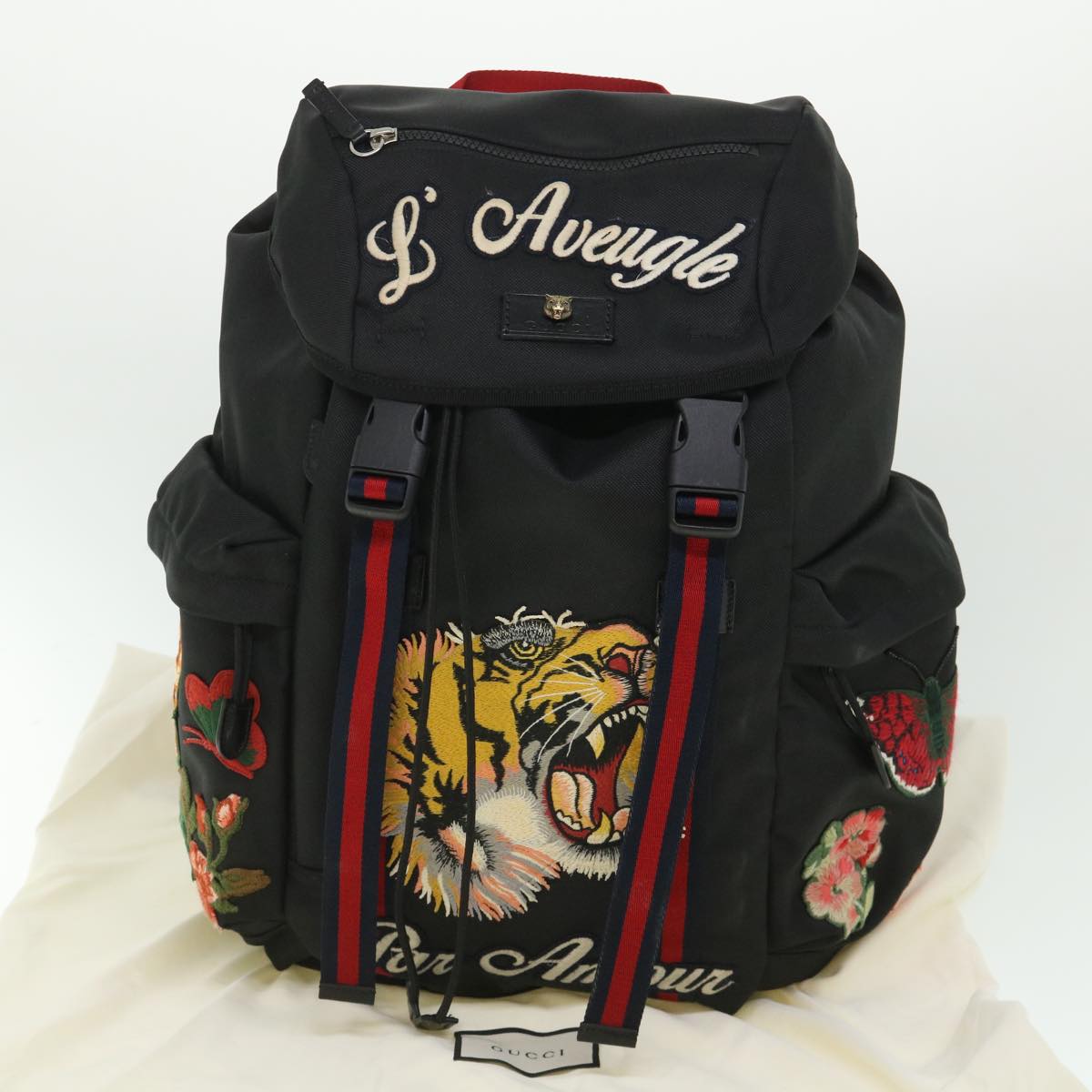 GUCCI Embroidered Tiger Web Sherry Line Backpack Nylon Black 429037 55638A