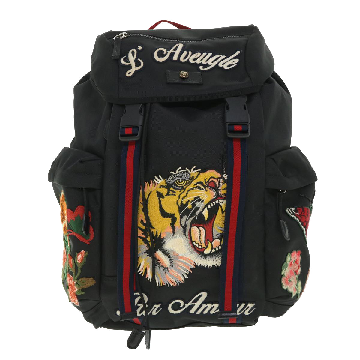 GUCCI Embroidered Tiger Web Sherry Line Backpack Nylon Black 429037 55638A
