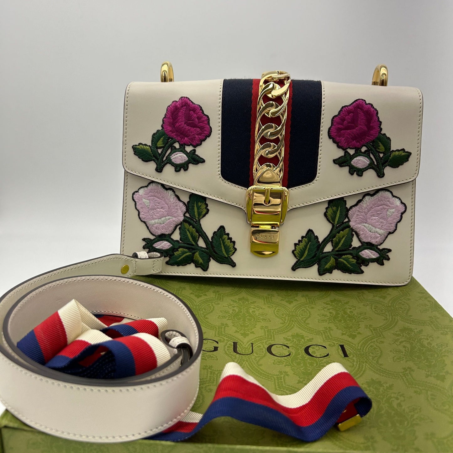 GLM-- Sylvie Shoulder Bag White Pink Multi Leather Floral Embroidery ITNS71BDBE3Q