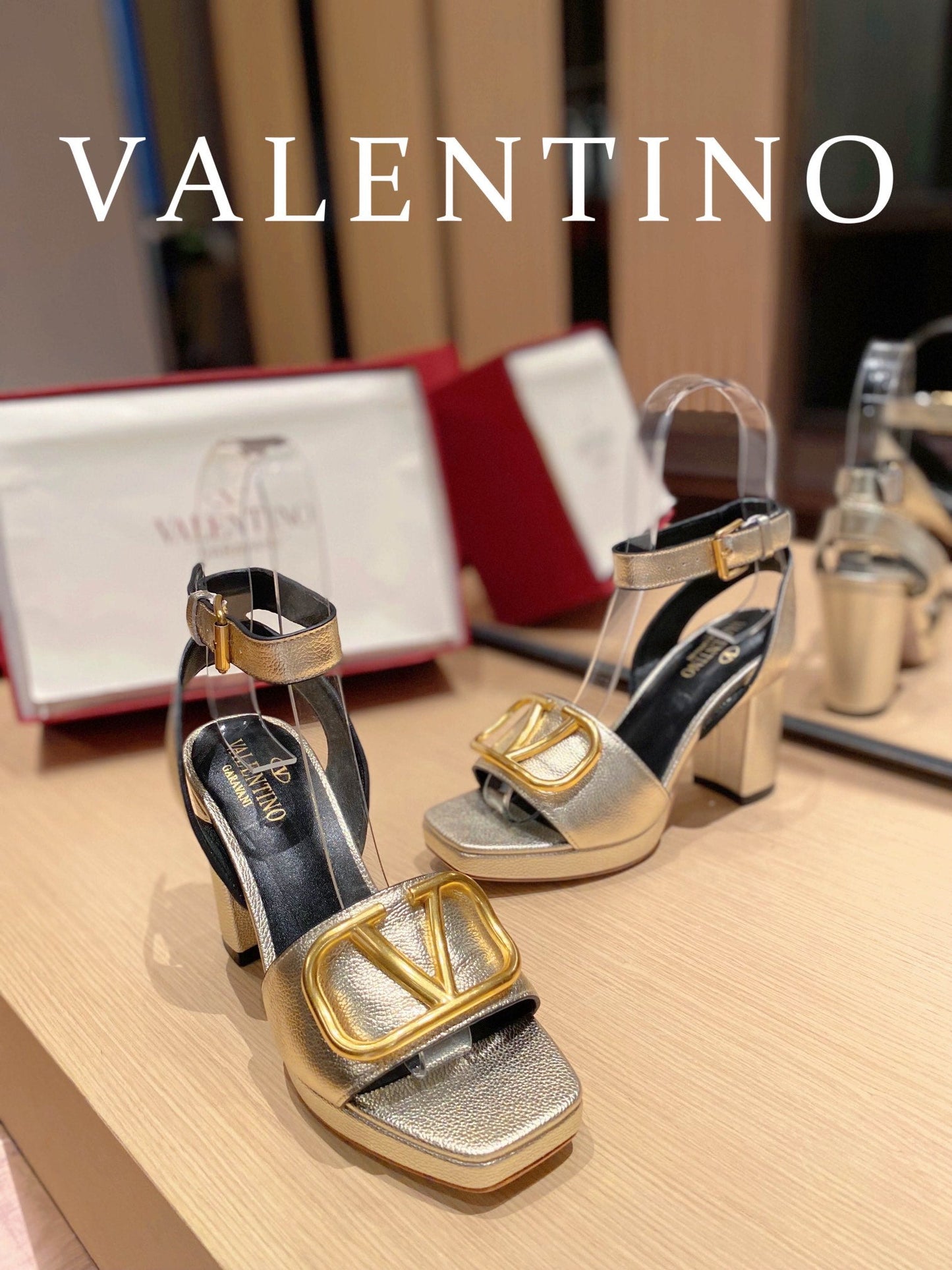 Valentino Garavani Strap Heeled Sandals With V Logo Signature EmbellisGLAMIent Gold For Women