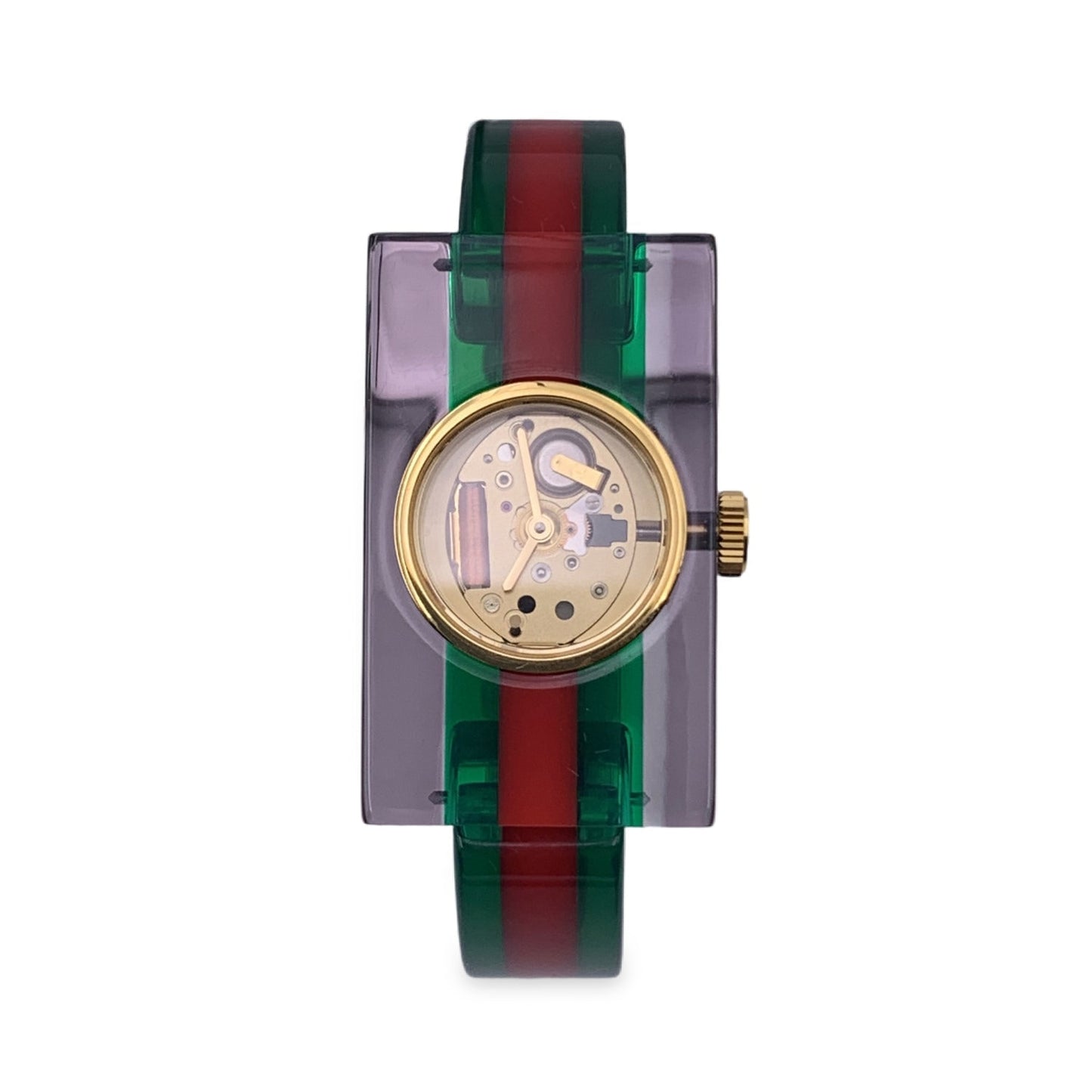 GUCCI Red Green Striped Plexi Web Watch 143.5 Skeleton Dial