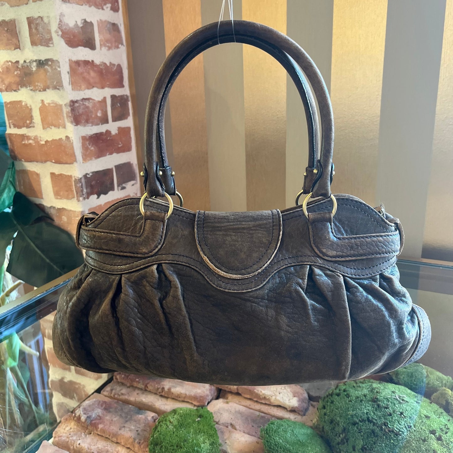 SALVATORE FERRAGAMO Gancino Marissa Brown Distressed Leather Shoulder Bag